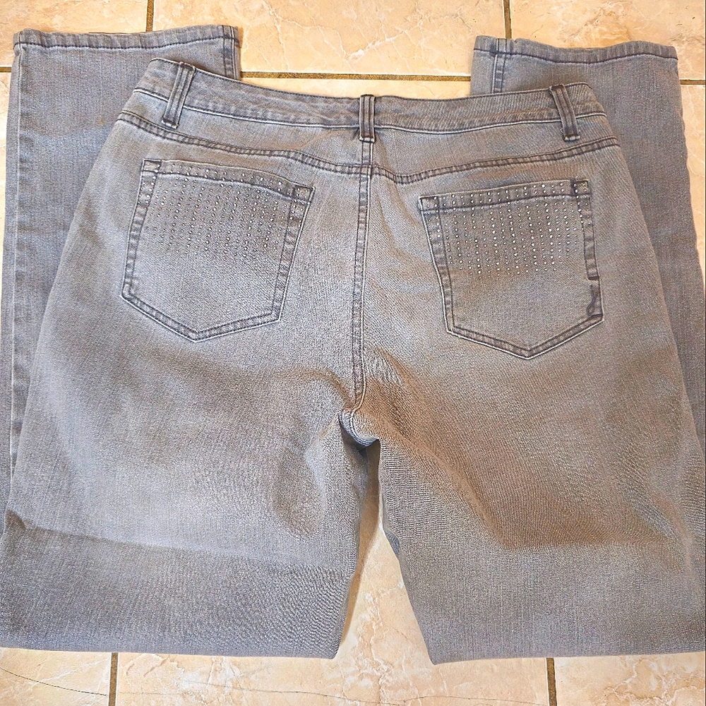 Jones New York Lexington Women's Gray Mid Rise  Straight Leg Jeans Studs,Size 14